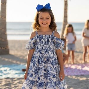 Joie Blue and White Floral Cold-Shoulder Dress for Girls Size 8 Cotton Lined